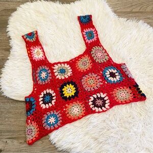 Crochet Granny Square Top Multicolor Boho Festival Medium Hippie Free Spirit
